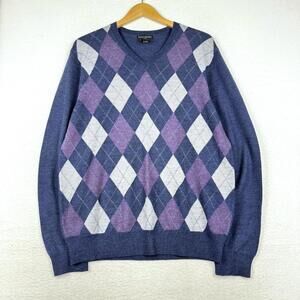Banana Republic Mens Large Merino Wool Purple Navy Blue Argyle Sweater V Neck